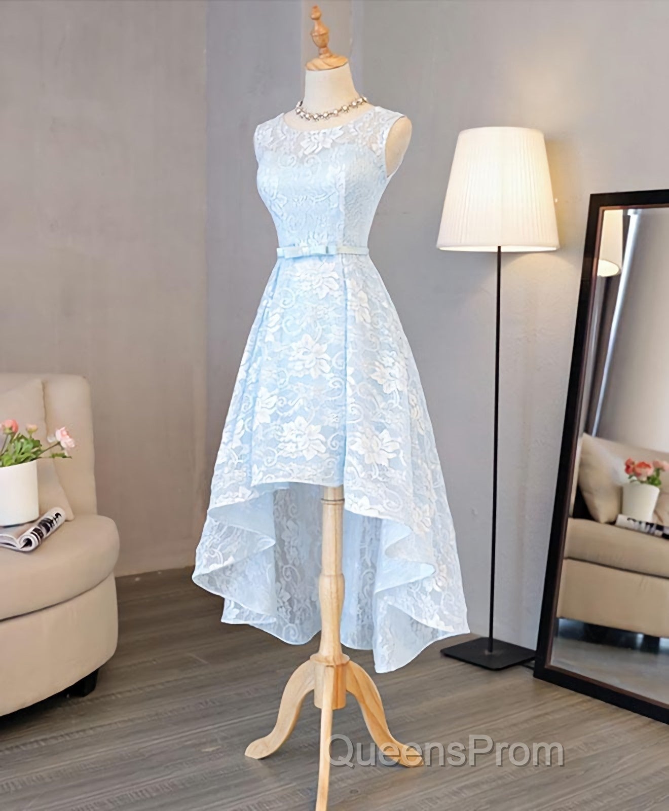 Light Blue Lace High Low Evening Prom Dress, Homecoming Dress Secondary image
