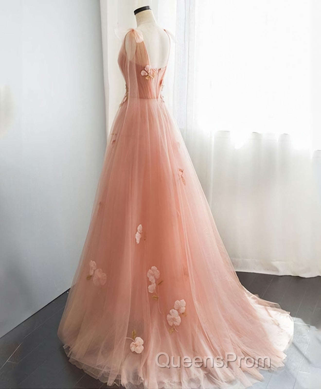 Pink V Neck Tulle Long Evening Prom Dress, Tulle Evening Dress Secondary image