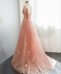 Pink V Neck Tulle Long Evening Prom Dress, Tulle Evening Dress
