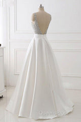 A Line Brush Train Deep V Neck Sleeveless Beading Evening Prom Dress