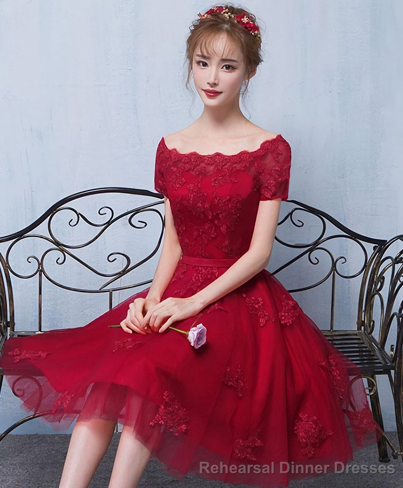 Burgundy Tulle Lace Short Prom Dress Burgundy Lace Homecoming Dress Secondary image