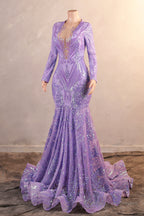V-Neck Mermaid Sweep Train Sequins Zipper Long Sleeve Evening Dress