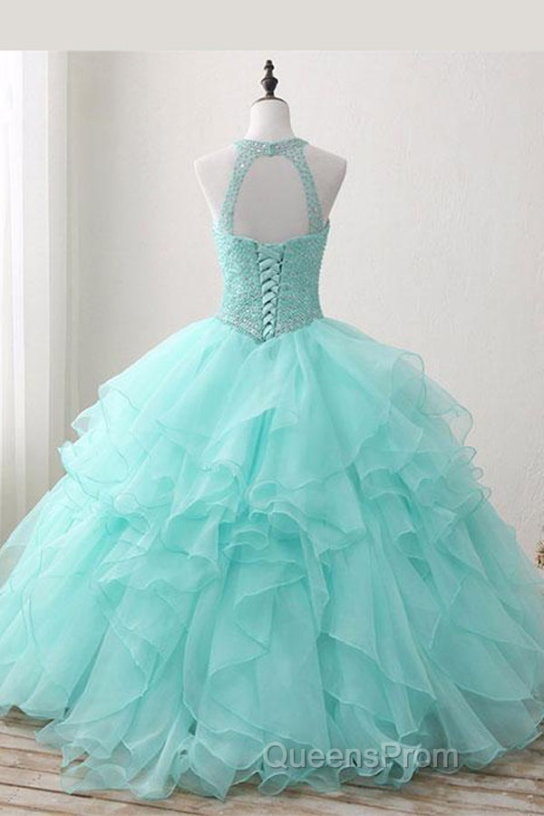 Mint Ball Gown Floor Length Halter Keyhole Back Beading Ruffles Evening Prom Dress Secondary image