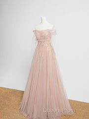Champagne Pink Tulle Beads Long Evening Prom Dress, Champagne Evening Dress