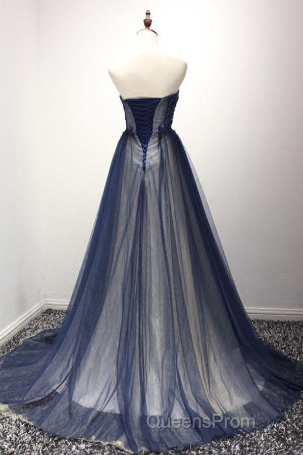 Navy A Line Sweep Train Straight Sleeveless Mid Back Lace Up Evening Prom Dress Secondary image