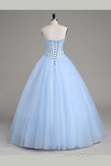 Light Blue Ball Gown Floor Length Sweetheart Strapless Sleevless Beading Evening Prom Dress