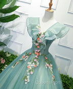 Green V Neck Tulle Long Evening Prom Dress, Green Evening Dress