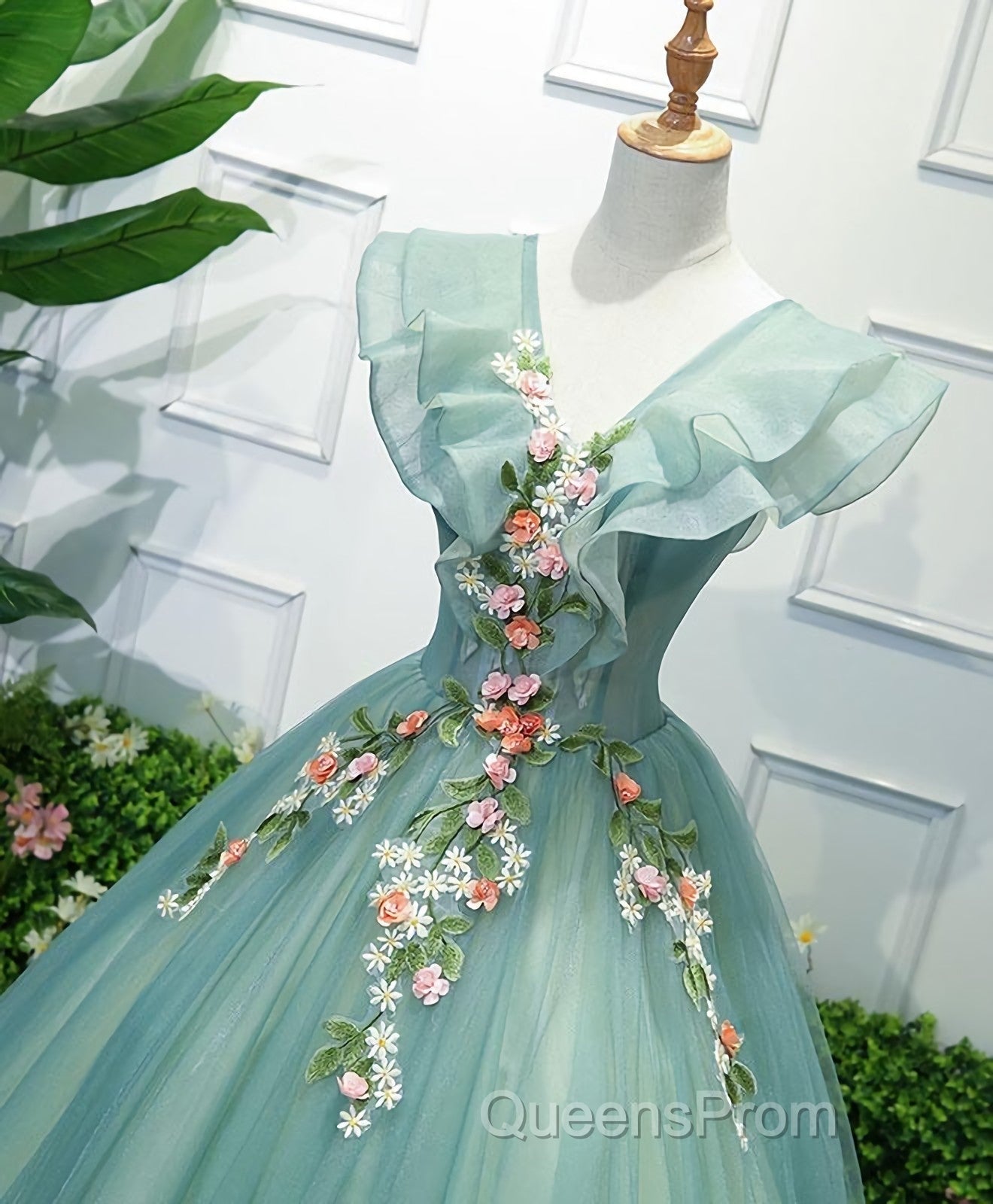 Green V Neck Tulle Long Evening Prom Dress, Green Evening Dress