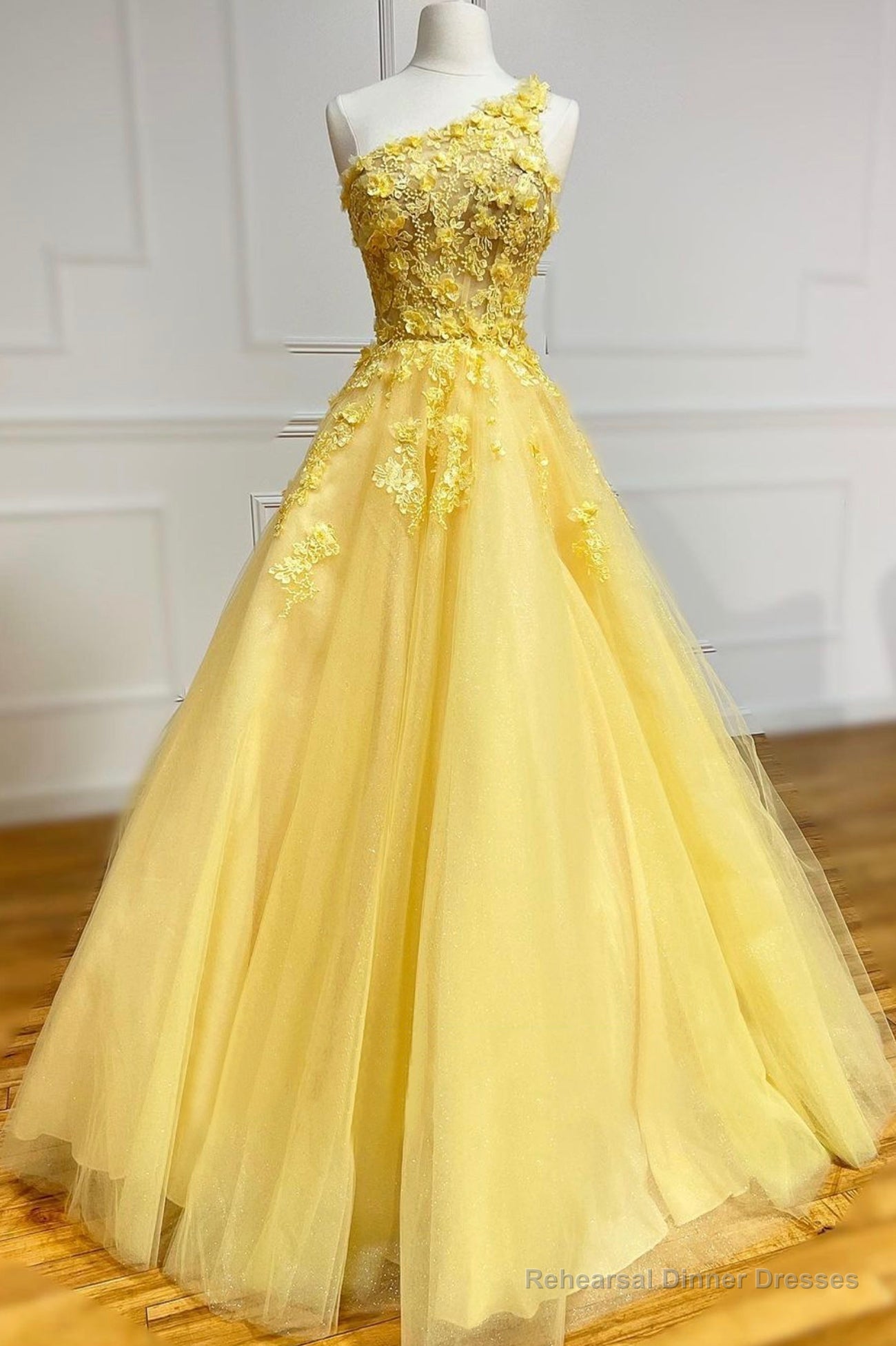 Yellow Lace One Shoulder Evening Dress, A-Line Tulle Long Prom Dress Main image