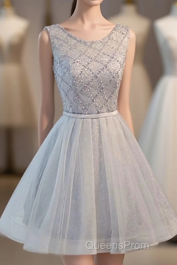 Gray Tulle Beads Short Evening Prom Dress, Gray Homecoming Dress
