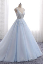 Ball Gown Chapel Train V Neck Sleeveless Backless Appliques Evening Prom Dress