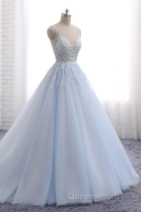Ball Gown Chapel Train V Neck Sleeveless Backless Appliques Evening Prom Dress