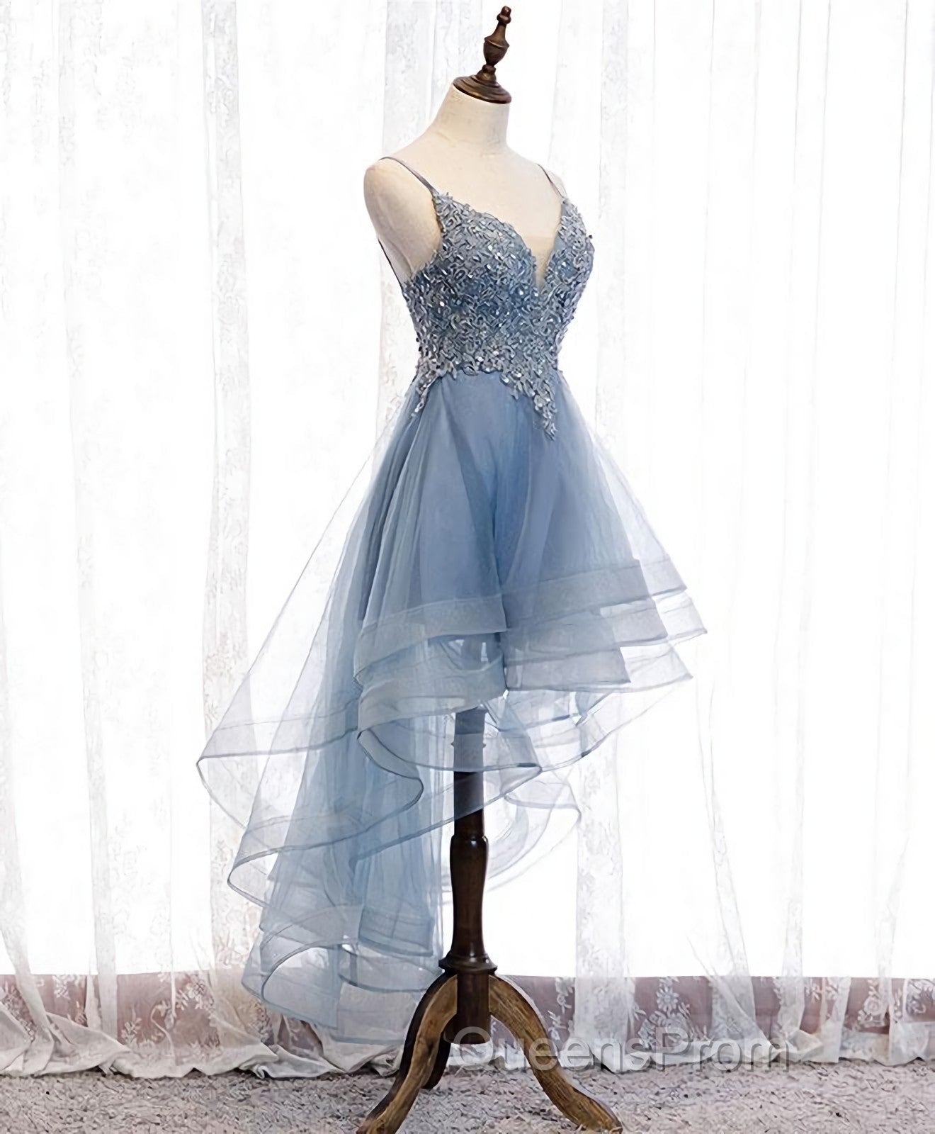 Blue Sweetheart Tulle Lace High Low Evening Prom Dress, Blue Homecoming Dress