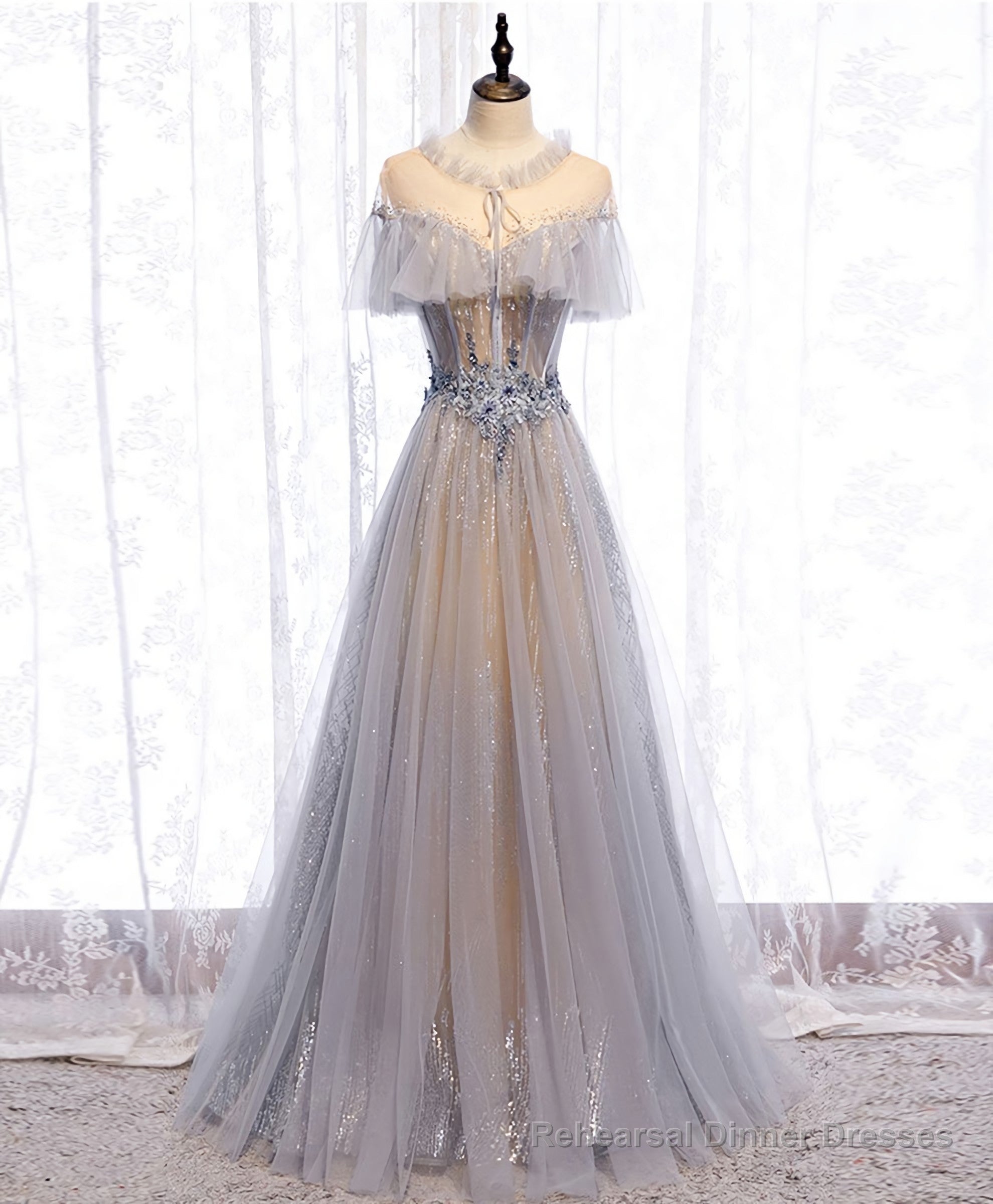 Gray Tulle Lace Long Prom Dress, Gray Tulle Formal Dress, 3 Main image