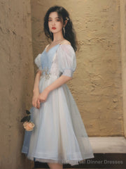 Blue A Line Tulle Lace Short Prom Dress Blue Homecoming Dress