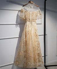 Champagne Tulle Lace Long Evening Prom Dress, Champagne Formal Dress, 1