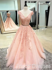 Pink Sleeveless V Neck Tulle Lace Applique Long Evening Prom Dress