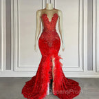 Red Sleeveless Sequins Mermaid Evening Prom Dress with Front Slit Beadings and Feathers