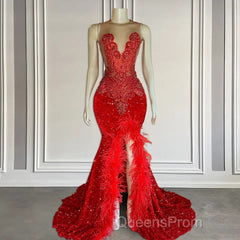 Mermaid Evening Prom Dress with Sequins Sleeveless Split Beadings and Feather Embellishments