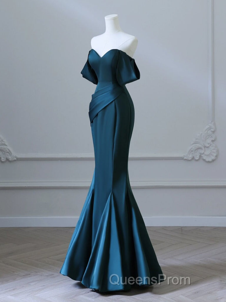 Simple Off Shoulder Satin Ink Blue Long Evening Prom Dress, Ink Blue Long Formal Dress Secondary image
