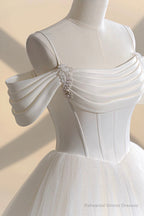 Ivory Tulle Off the Shoulder Formal Gown, Elegant A-Line Wedding Dress