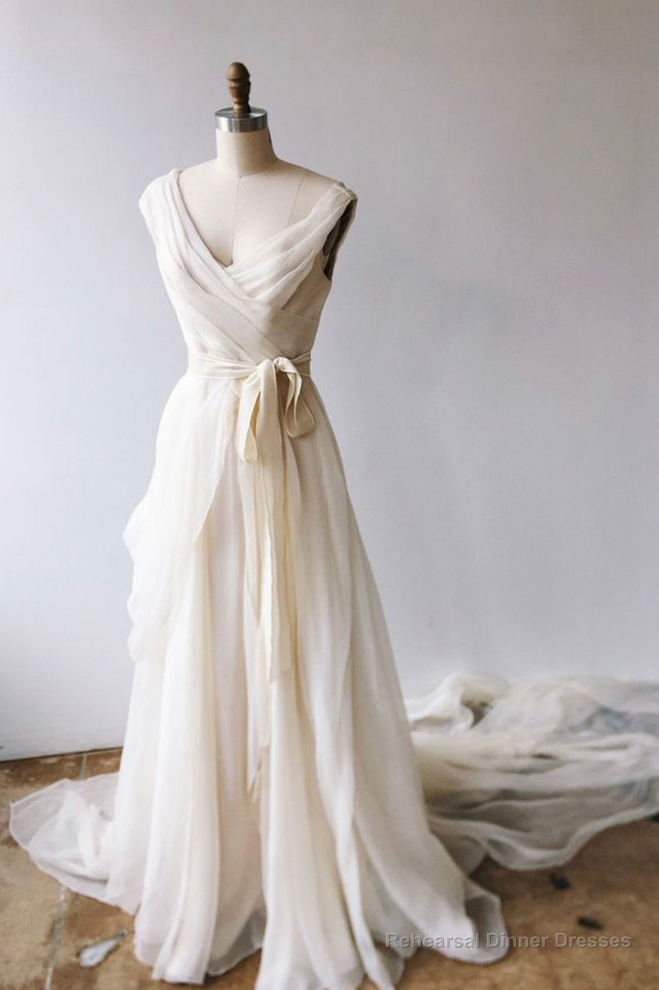 Champagne Chiffon Long Prom Dresses, A-Line V-Neck Evening Dresses