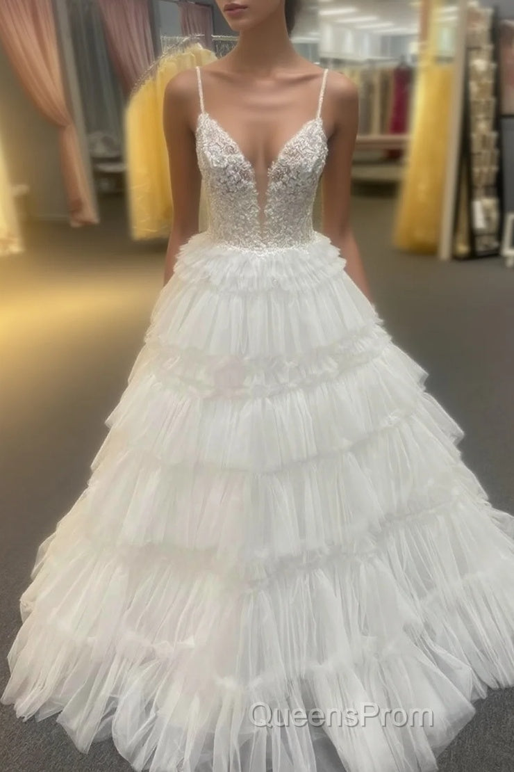 White Floral Plunging V Layers Long Evening Prom Dress Main image