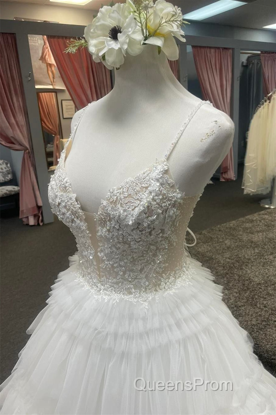 White Floral Plunging V Layers Long Evening Prom Dress Secondary image
