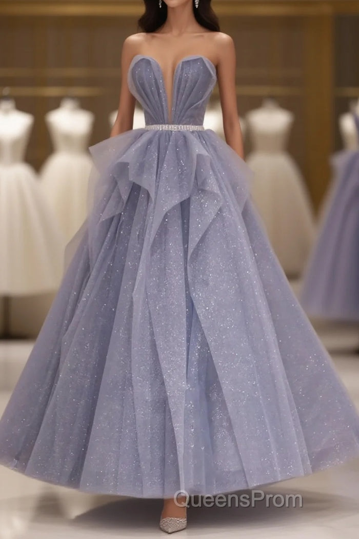Purple Sweetheart Neck Tulle Sequin Long Evening Prom Dress, Tulle Formal Dress Main image
