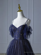 Blue Gradient Tulle Long Prom Dress, Beautiful Spaghetti Strap Evening Party Dress