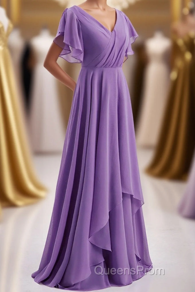 Flutter Sleeves Lavender Chiffon A-line Long Bridesmaid Dress Main image