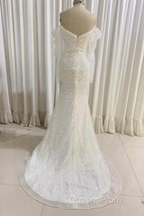 Ivory Mermaid Sequined Evening Prom Dress with Long Sleeves, Sparkly Long Party Dress