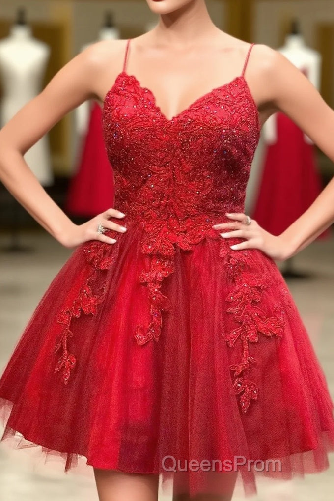 Strappy Lace Appliqued Red Short Homecoming Dress Main image