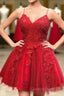 Strappy Lace Appliqued Red Short Homecoming Dress