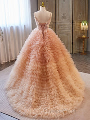 Unique V Neck Tulle Sequin Orange Pink Long Evening Prom Dress, Orange Pink Sweet 16 Dress