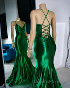 Satin Trumpet V-Neck Spaghetti Straps Evening Prom Evening Dress For Black Girls