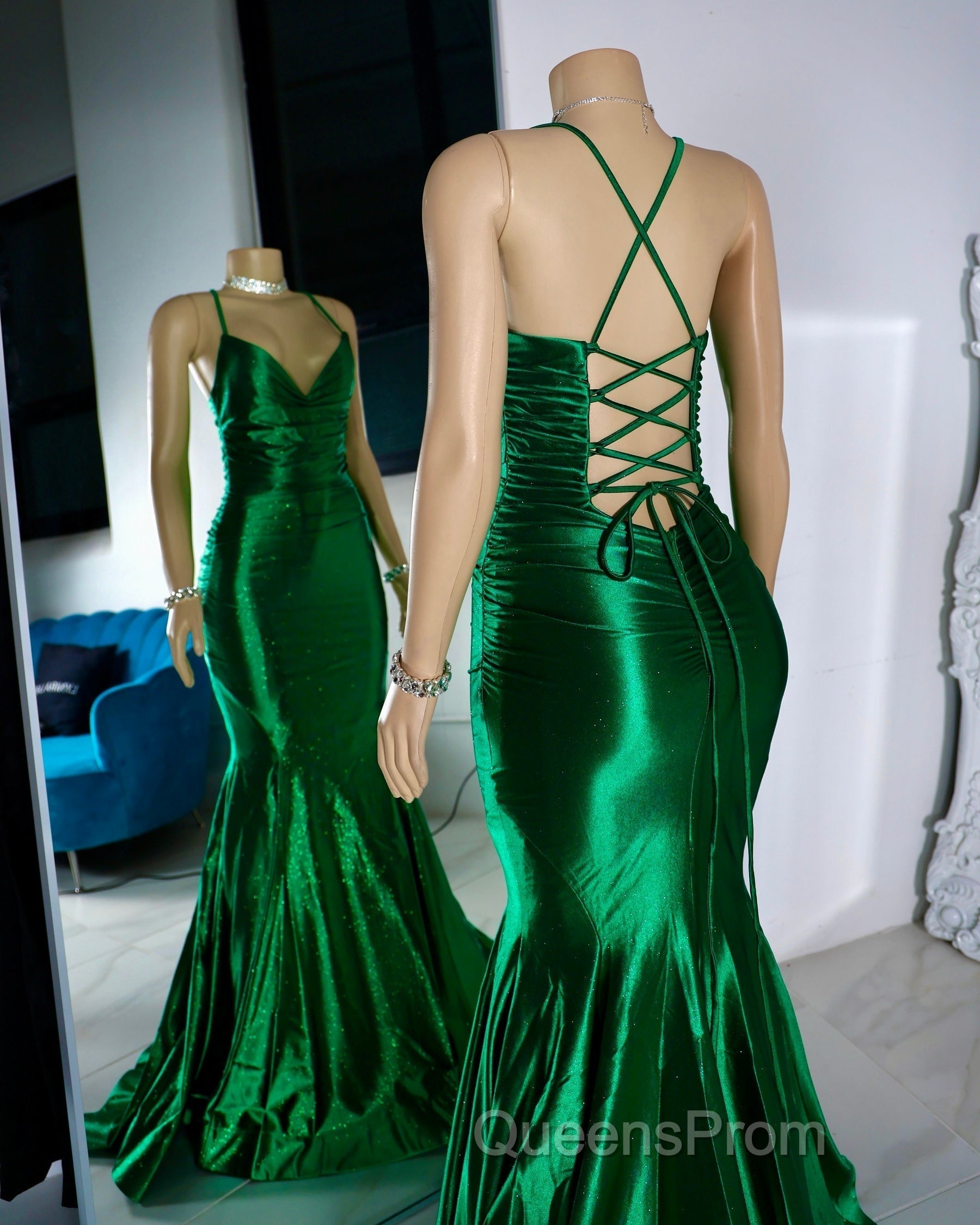 Satin Trumpet V-Neck Spaghetti Straps Evening Prom Evening Dress For Black Girls