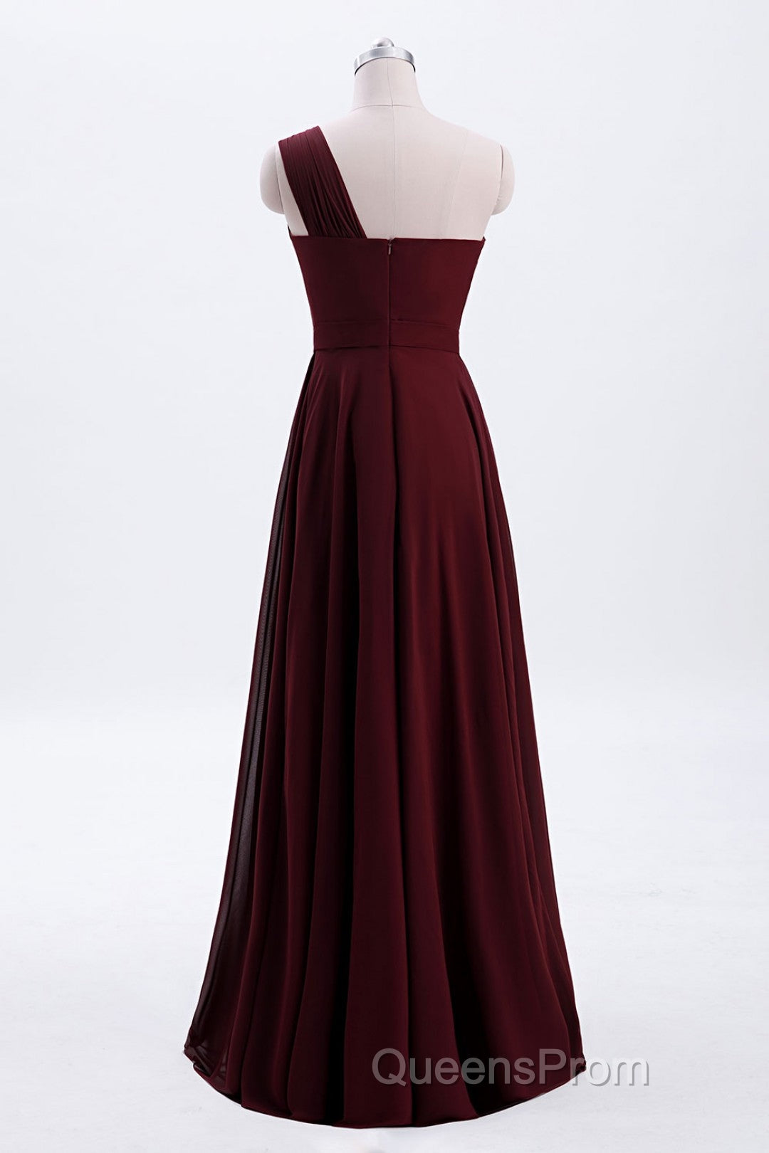 One Shoulder Burgundy A-line Chiffon Long Bridesmaid Dress Secondary image