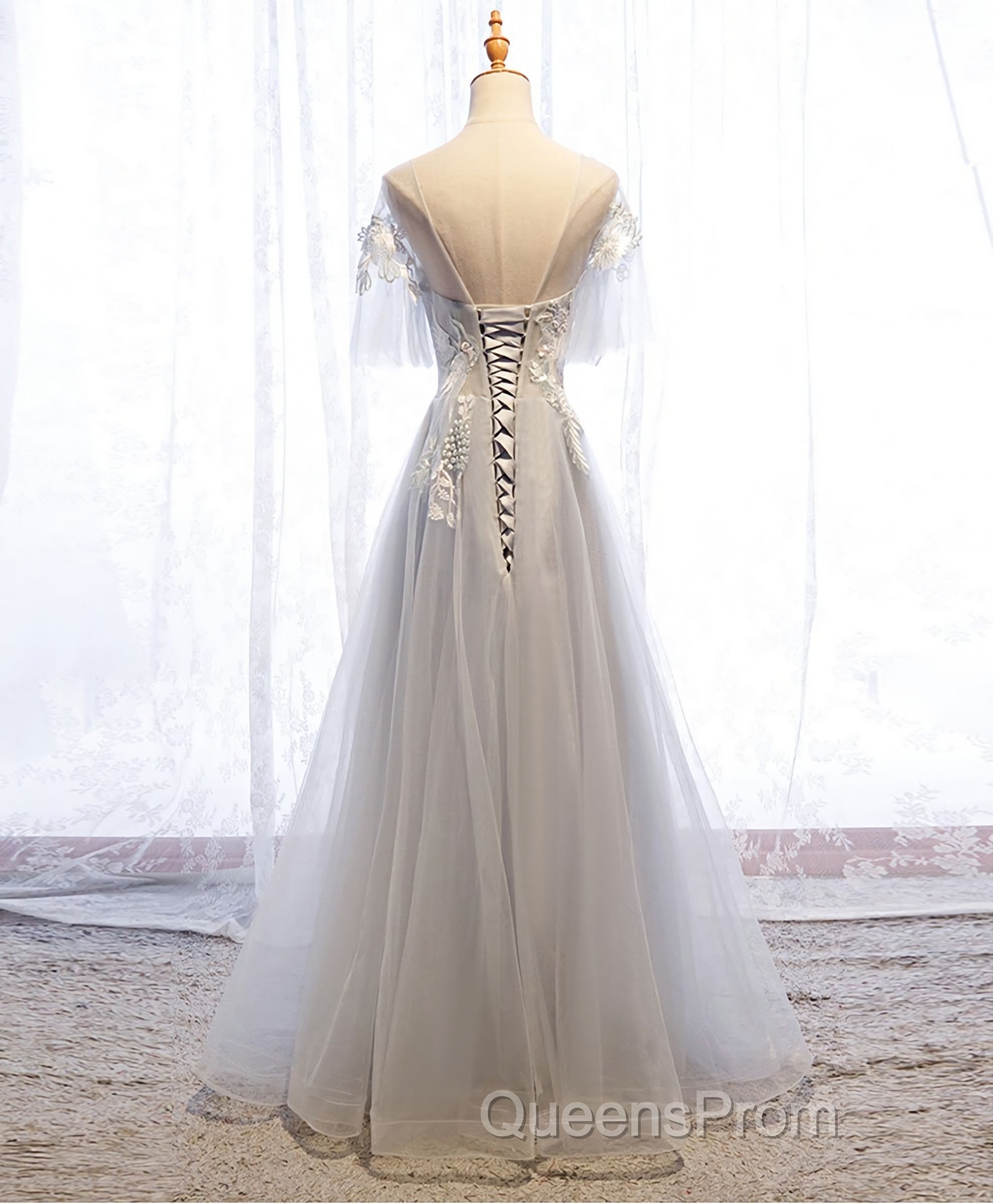 Gray Tulle Lace Long Evening Prom Dress, Gray Tulle Lace Evening Dress, 5 Secondary image