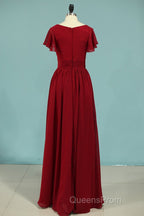 Red Chiffon V-Neck Ruffled A-Line Long Bridesmaid Dress