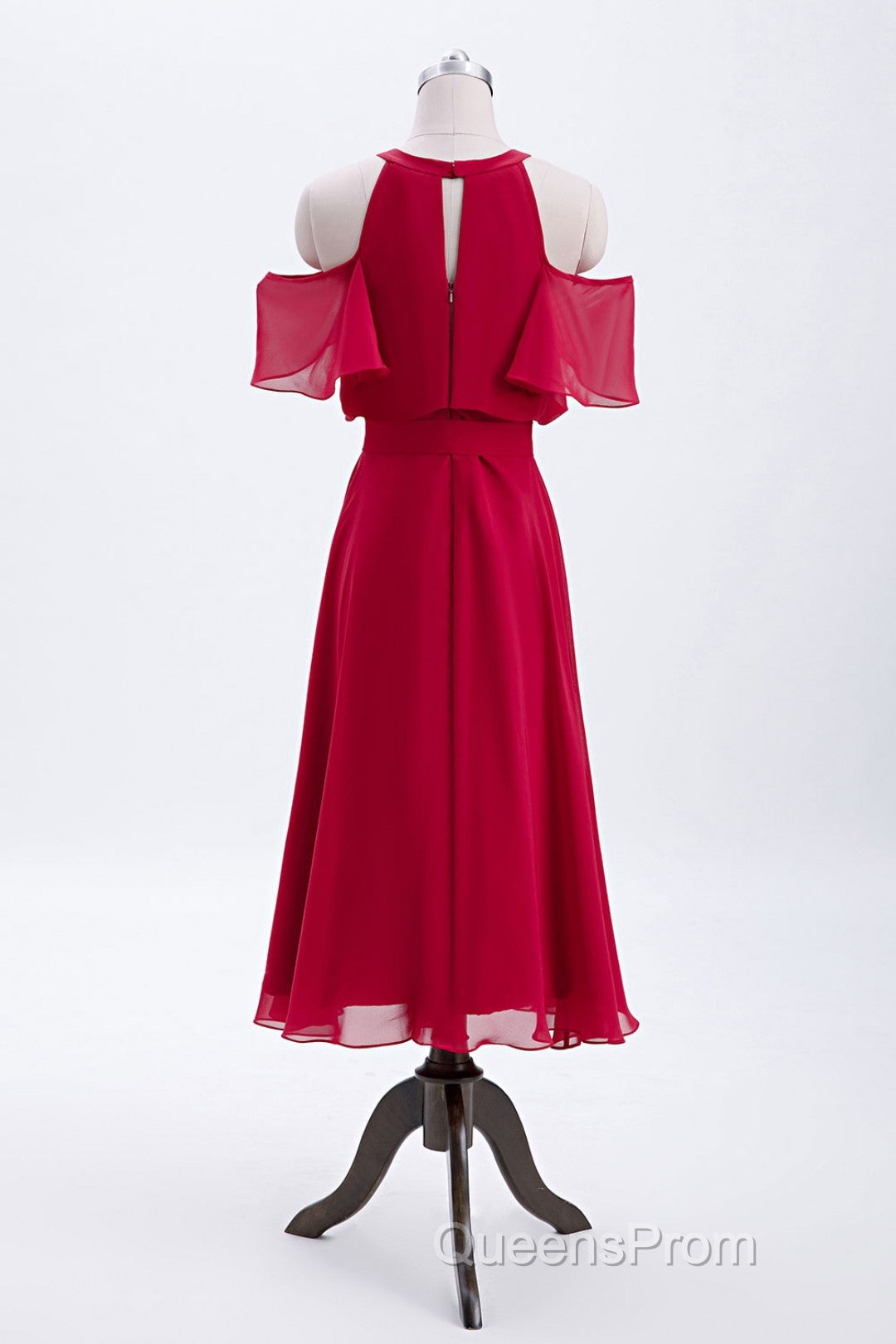 Red Chiffon Cold Sleeves Short Ruffles Bridesmaid Dress Secondary image