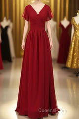 Red Chiffon V-Neck Ruffled A-Line Long Bridesmaid Dress