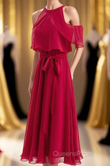 Red Chiffon Cold Sleeves Short Ruffles Bridesmaid Dress