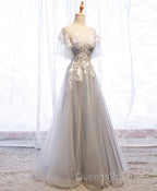 Gray Tulle Lace Long Evening Prom Dress, Gray Tulle Lace Evening Dress, 5