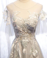 Gray Tulle Lace Long Evening Prom Dress, Gray Tulle Lace Evening Dress, 5