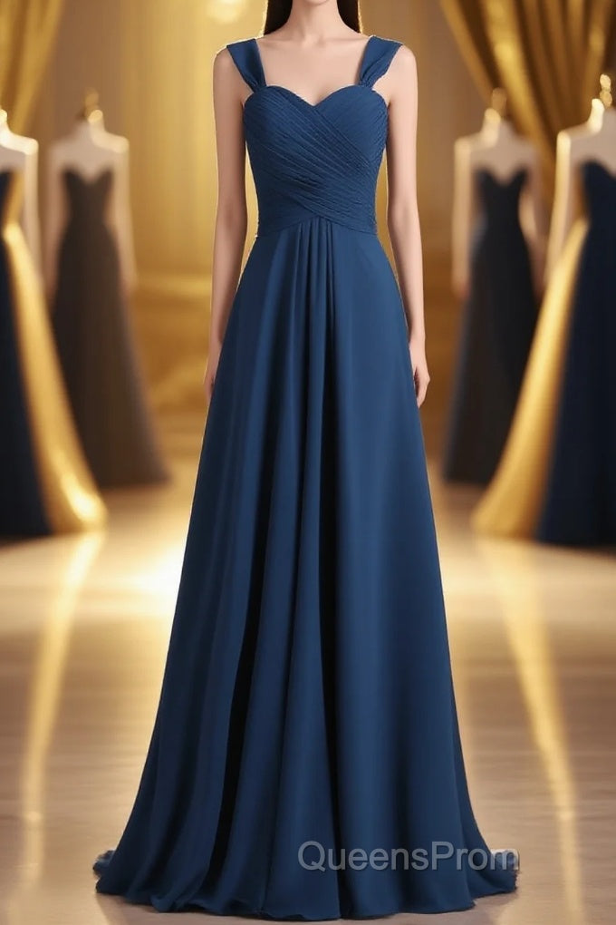Navy Blue Chiffon Sweetheart A-Line Long Bridesmaid Dress