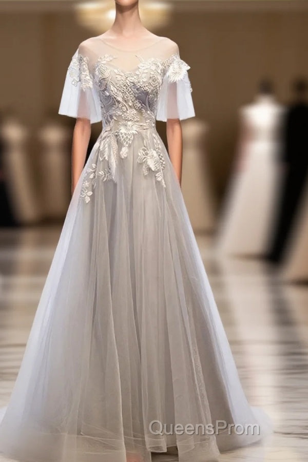 Gray Tulle Lace Long Evening Prom Dress, Gray Tulle Lace Evening Dress, 5 Main image
