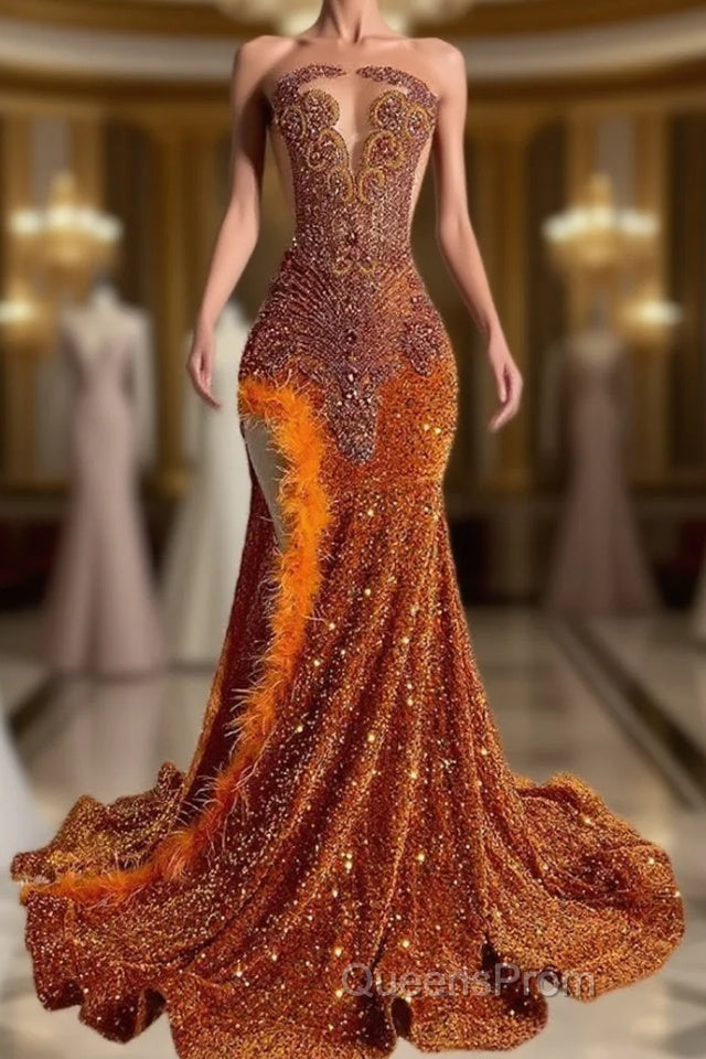 Mermaid Style Burnt Orange Sequins Evening Prom Dress with Side Slit Long Length Beadings and Feathers Main image