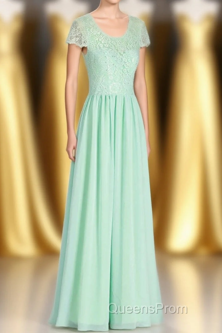 Sage Green Lace and Chiffon Cap Sleeve A-Line Long Bridesmaid Dress Main image