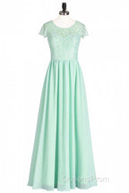 Sage Green Lace and Chiffon Cap Sleeve A-Line Long Bridesmaid Dress